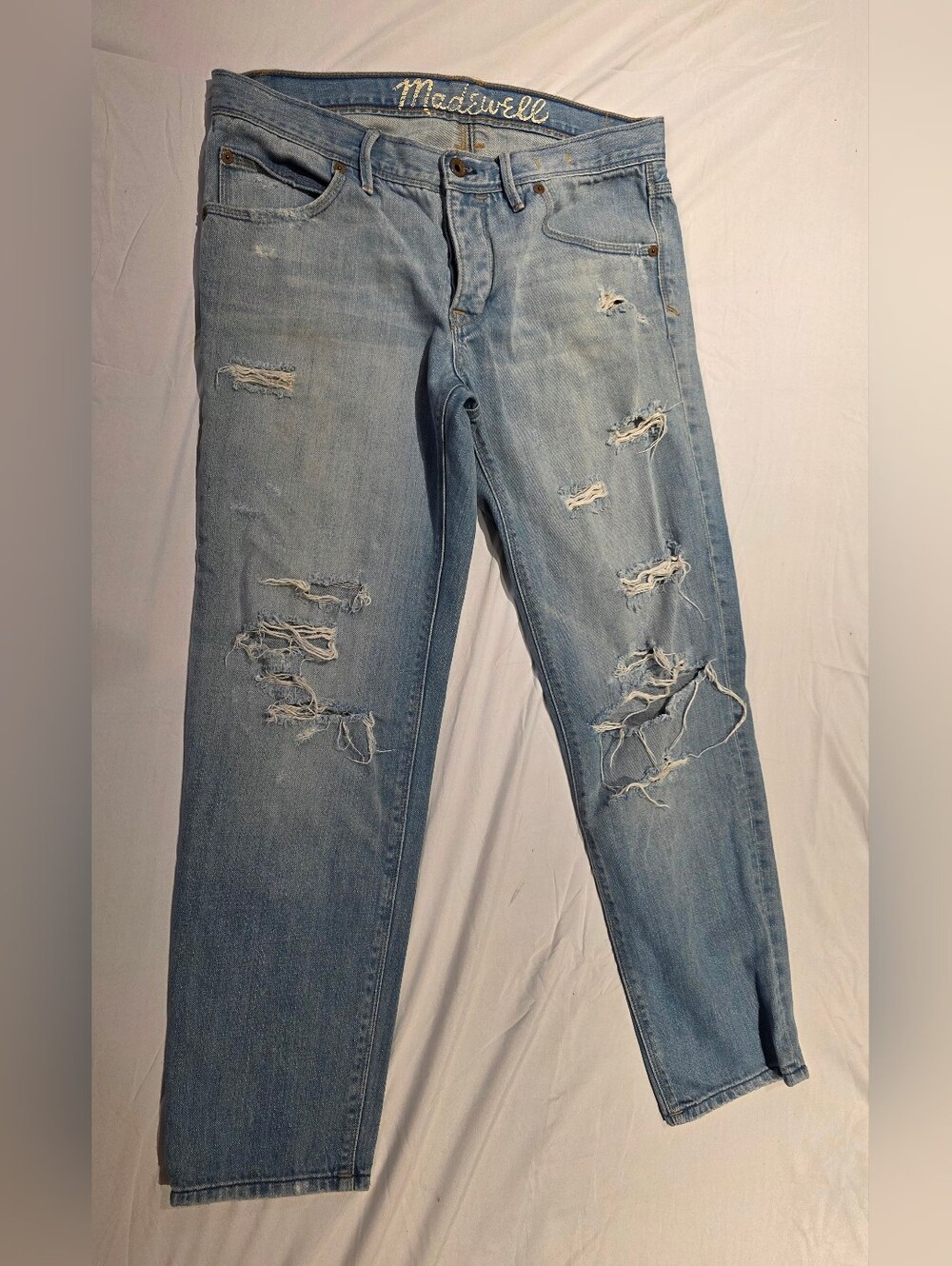 Madewell Straight Jeans Sz 27 / 4Light Wash Distressed Ripped Knees 28" Inseam